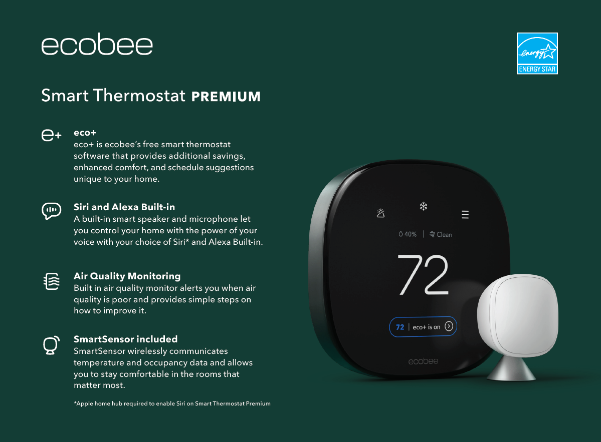 Ecobee Smart Thermostat Premium with Siri and Built-in Air Quality Monitor